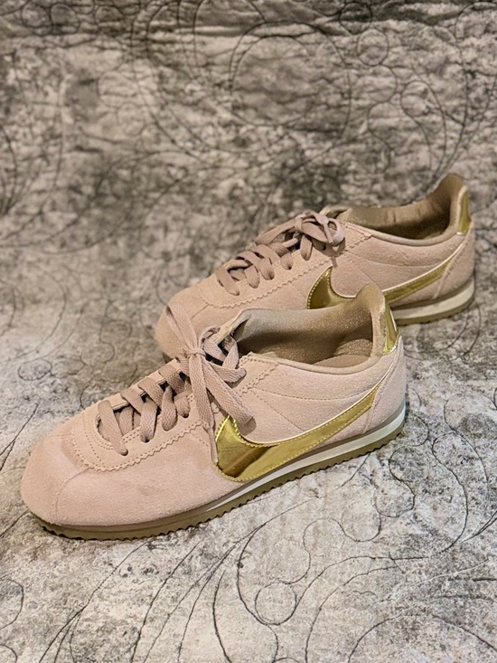 Nike Shoes - Nike Women's Blush Pink Suede Sneakers with Gold Swoosh